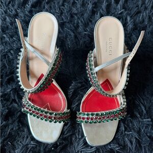 Gucci Women's Silver and Green Embellished Sandals